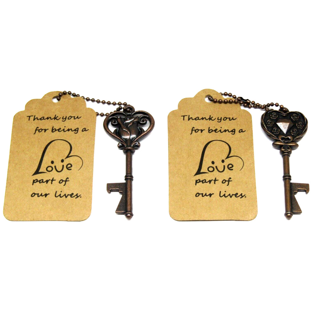 Brass Tone Heart Rose Diamond Skeleton Key Bottle Opener 2x Wedding Accessory